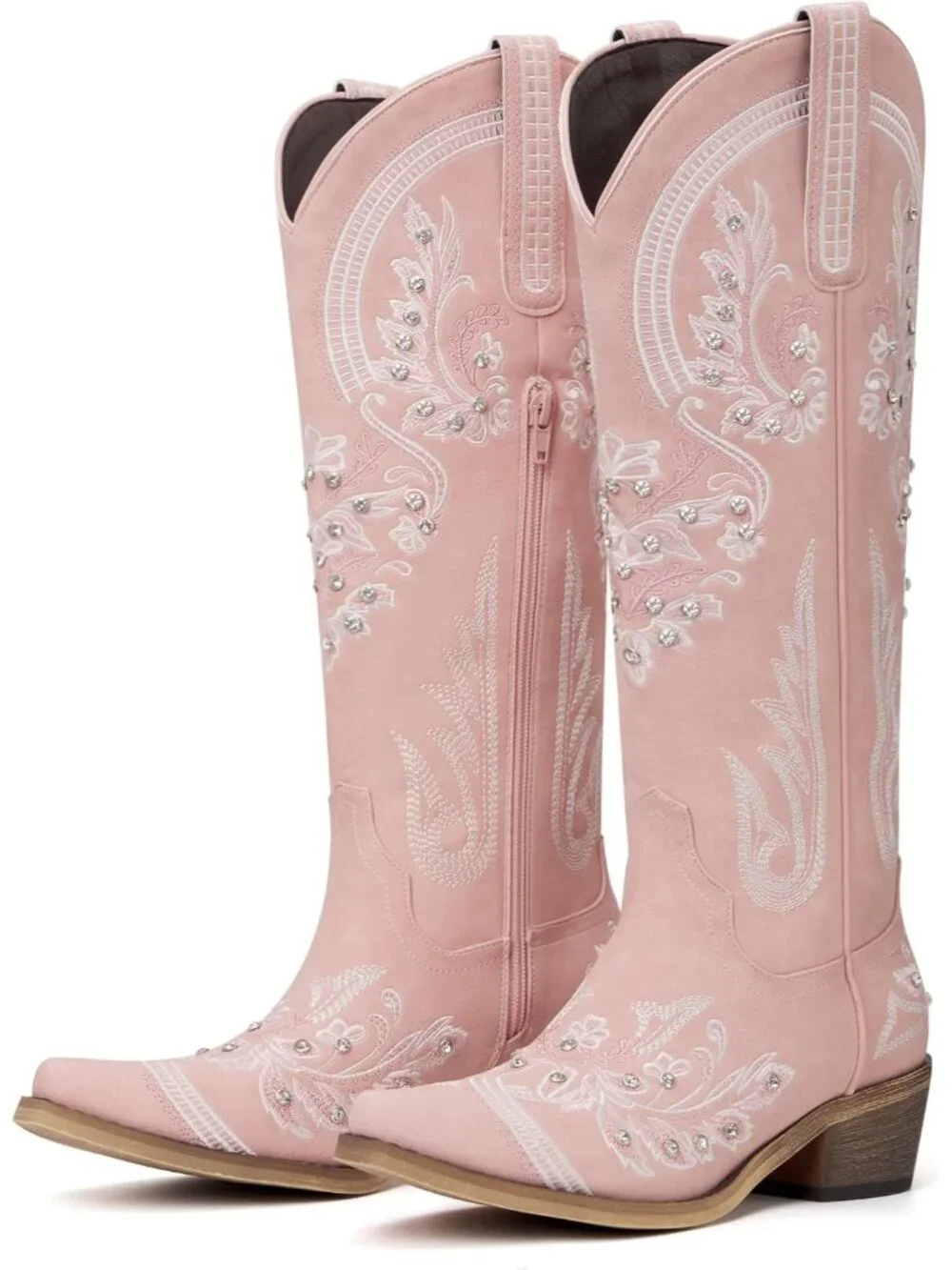 Women's Pink Faux Leather Rhinestone Knee High Cowgirl Snip Toe Zipper Boots